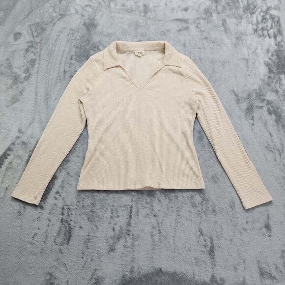 A.N.A Top Womens XL Cream Ribbed Collared V-Neck Long Sleeve Stretch Knit Preppy - Picture 1 of 8